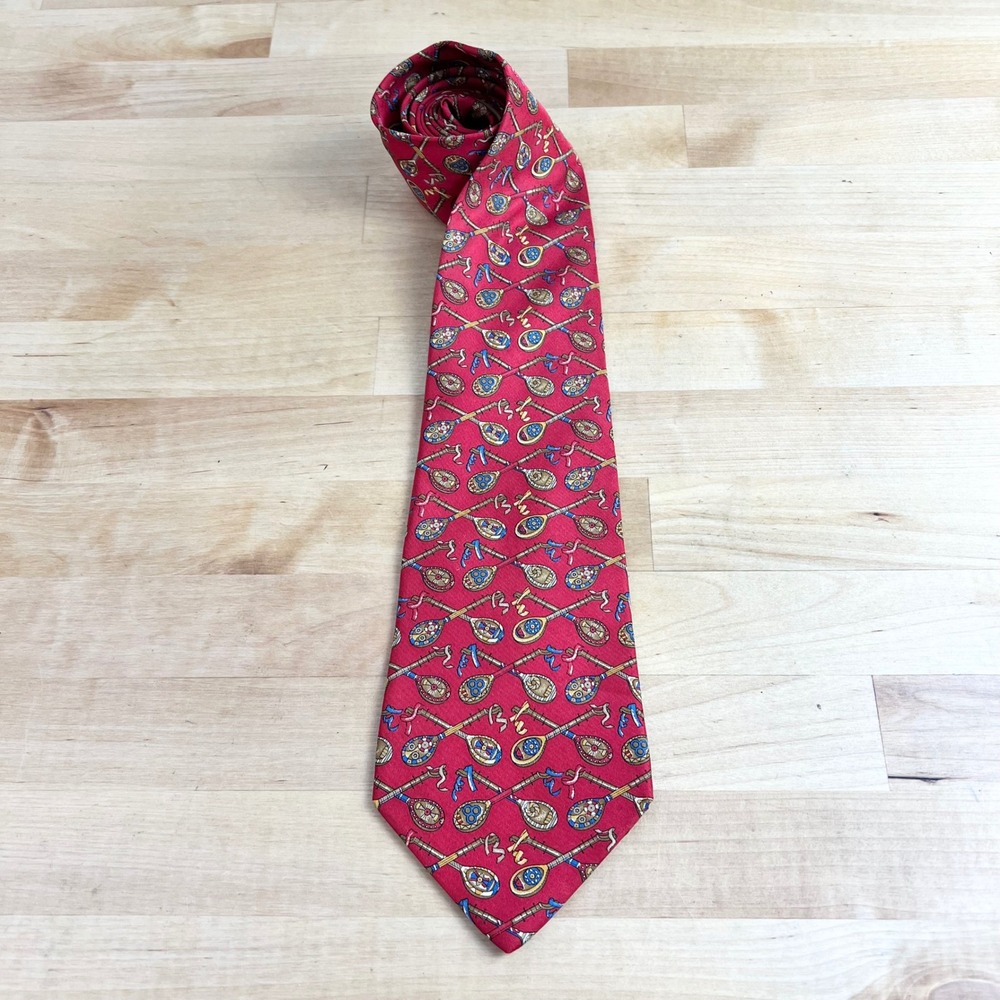 Salvatore‎ Ferragamo Silk Tie Red Lute Instrument Music Pattern Made in Italy
